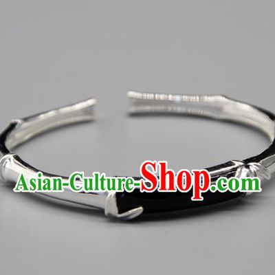 Chinese Traditional Tibetan Ethnic Black Stone Bracelet Accessories Handmade Zang Nationality Sliver Bangle for Women