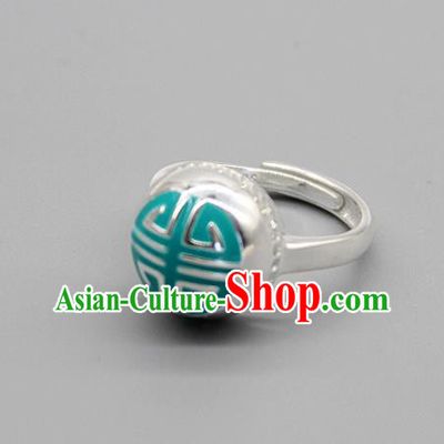 Chinese Traditional Tibetan Ethnic Green Rings Handmade Zang Nationality Sliver Finger Ring for Women