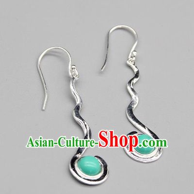 Chinese Traditional Mongolion Ethnic Blue Stone Sliver Ear Accessories Mongol Nationality Handmade Earrings for Women