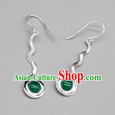 Chinese Traditional Mongolion Ethnic Green Agate Sliver Ear Accessories Mongol Nationality Handmade Earrings for Women