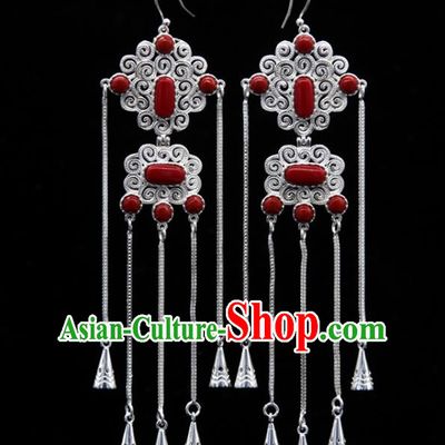 Chinese Traditional Ethnic Wedding Ear Accessories Mongol Nationality Handmade Red Stone Tassel Earrings for Women