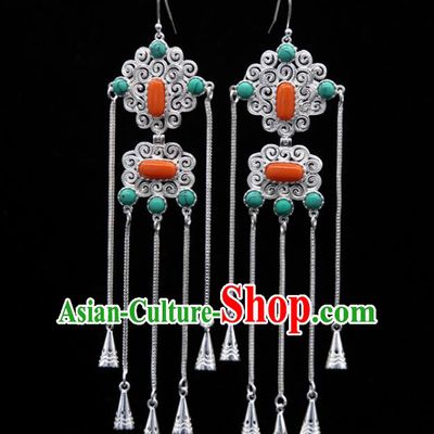 Chinese Traditional Ethnic Wedding Ear Accessories Mongol Nationality Handmade Coral Stone Tassel Earrings for Women