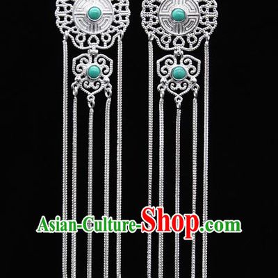 Chinese Traditional Mongolion Ethnic Kallaite Sliver Tassel Ear Accessories Mongol Nationality Earrings for Women