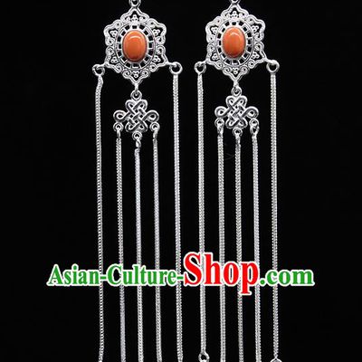 Chinese Traditional Mongolion Ethnic Wedding Sliver Tassel Ear Accessories Mongol Nationality Coral Stone Earrings for Women