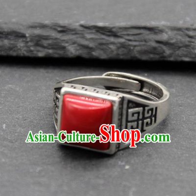 Chinese Traditional Tibetan Ethnic Red Stone Rings Handmade Zang Nationality Sliver Finger Ring for Men