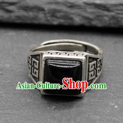 Chinese Traditional Tibetan Ethnic Black Stone Rings Handmade Zang Nationality Sliver Finger Ring for Men