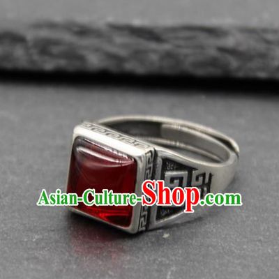 Chinese Traditional Tibetan Ethnic Agate Rings Handmade Zang Nationality Sliver Finger Ring for Men