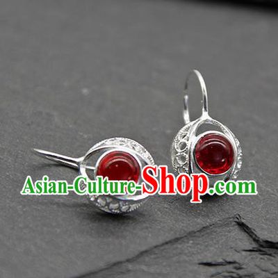 Chinese Traditional Tibetan Ethnic Garnet Ear Accessories Zang Nationality Earrings for Women