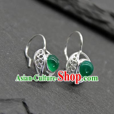 Chinese Traditional Tibetan Ethnic Green Agate Ear Accessories Zang Nationality Earrings for Women