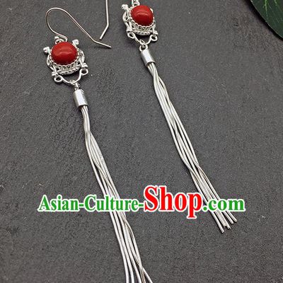 Chinese Traditional Tibetan Ethnic Red Sliver Long Tassel Ear Accessories Zang Nationality Earrings for Women