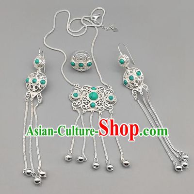 Chinese Traditional Mongolian Ethnic Sliver Accessories Mongol Nationality Kallaite Necklace and Earrings Ring for Women