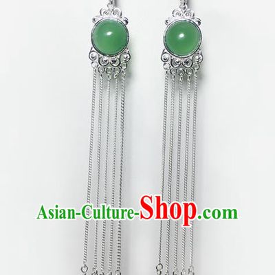 Chinese Traditional Mongolian Ethnic Accessories Mongol Nationality Green Agate Sliver Tassel Earrings for Women