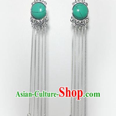 Chinese Traditional Mongolian Ethnic Accessories Mongol Nationality Kallaite Sliver Tassel Earrings for Women