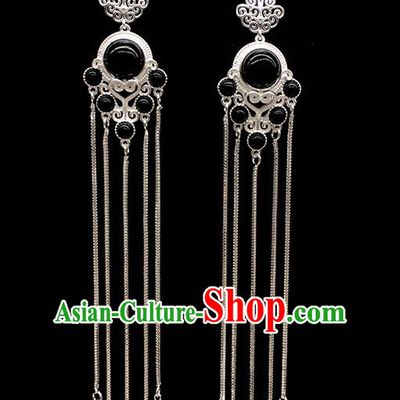 Chinese Traditional Mongolian Ethnic Sliver Accessories Mongol Nationality Black Earrings for Women