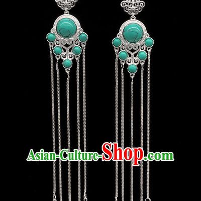 Chinese Traditional Mongolian Ethnic Sliver Accessories Mongol Nationality Green Earrings for Women