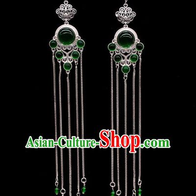 Chinese Traditional Mongolian Ethnic Sliver Accessories Mongol Nationality Green Agate Earrings for Women