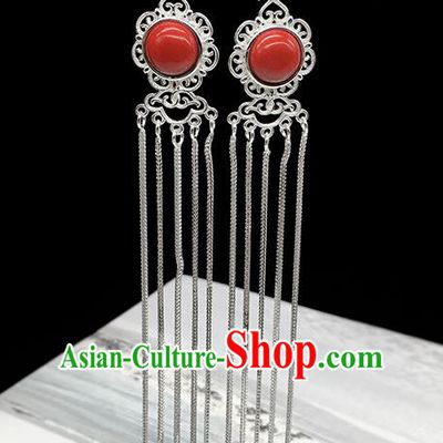Traditional Chinese Mongolian Ethnic Red Earring Mongol Nationality Sliver Tassel Ear Accessories for Women