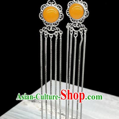 Traditional Chinese Mongolian Ethnic Ceregat Earring Mongol Nationality Sliver Tassel Ear Accessories for Women