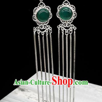 Traditional Chinese Mongolian Ethnic Green Agate Earring Mongol Nationality Sliver Tassel Ear Accessories for Women