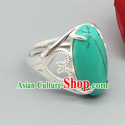 Chinese Traditional Ethnic Kallaite Rings Handmade Zang Nationality Sliver Finger Ring for Women
