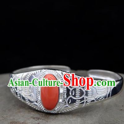 Chinese Traditional Ethnic Coral Stone Bracelet Handmade Zang Nationality Sliver Bangle for Women