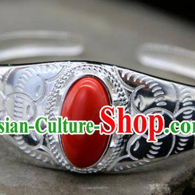 Chinese Traditional Ethnic Red Bracelet Handmade Zang Nationality Sliver Bangle for Women