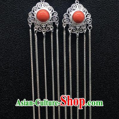 Traditional Chinese Mongolian Ethnic Sliver Tassel Earring Mongol Nationality Coral Stone Ear Accessories for Women