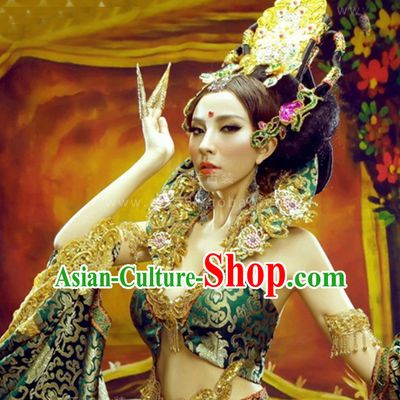 Traditional Green Tara Deity Costumes and Head Wear Accessories Complete Set