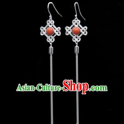 Traditional Chinese Mongolian Ethnic Coral Stone Earring Mongol Nationality Sliver Ear Accessories for Women