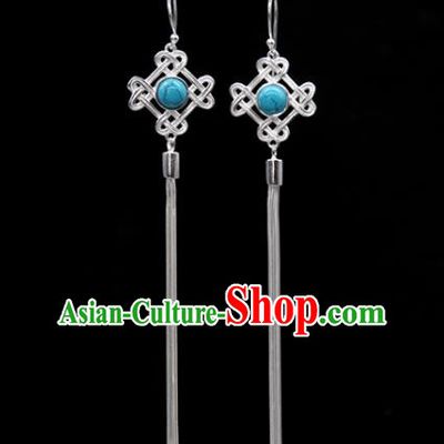 Traditional Chinese Mongolian Ethnic Blue Stone Earring Mongol Nationality Sliver Ear Accessories for Women