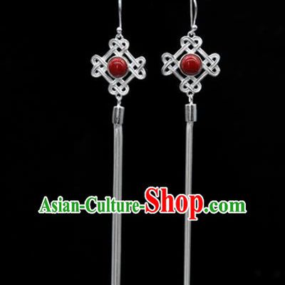Traditional Chinese Mongolian Ethnic Red Stone Earring Mongol Nationality Sliver Ear Accessories for Women