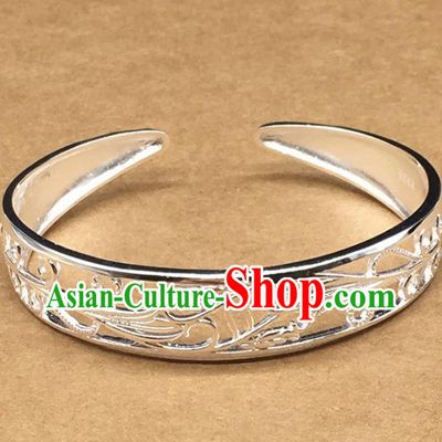 Traditional Chinese Mongolian Ethnic Carving Bracelet Mongol Nationality Sliver Bangle Accessories for Women