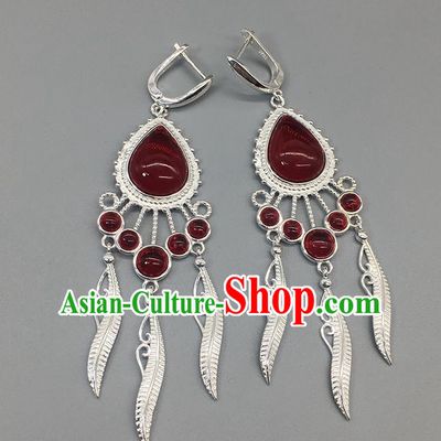 Traditional Chinese Mongolian Garnet Earring Mongol Nationality Ethnic Sliver Ear Accessories for Women