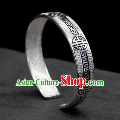 Traditional Chinese Mongolian Ethnic Carving Sliver Bracelet Mongol Nationality Bangle Accessories for Women