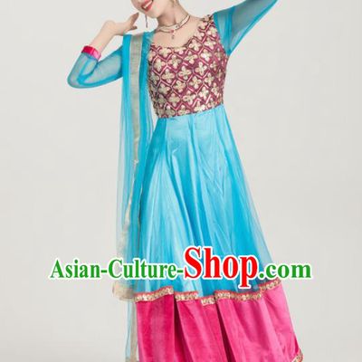 Asian India Traditional Sari Bollywood Belly Dance Costumes South Asia Indian Princess Blue Dress for Women