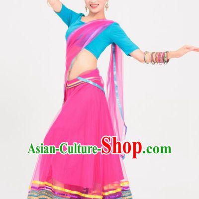Asian India Traditional Sari Bollywood Belly Dance Costumes South Asia Indian Princess Rosy Veil Dress for Women
