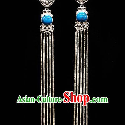 Traditional Chinese Mongolian Ethnic Long Tassel Earring Mongol Nationality Blue Stone Ear Accessories for Women