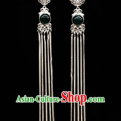 Traditional Chinese Mongolian Ethnic Long Tassel Earring Mongol Nationality Green Bead Ear Accessories for Women