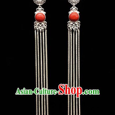 Traditional Chinese Mongolian Ethnic Long Tassel Earring Mongol Nationality Orange Bead Ear Accessories for Women