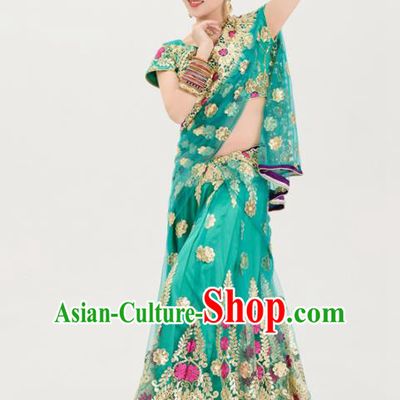 Asian India Traditional Sari Bollywood Belly Dance Costumes South Asia Indian Princess Green Dress for Women