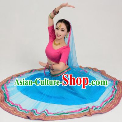 Asian India Traditional Bollywood Belly Dance Costumes South Asia Indian Princess Sari Blue Veil Dress for Women