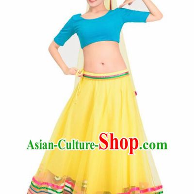 Asian India Princess Traditional Oriental Bollywood Costumes South Asia Indian Belly Dance Yellow Veil Sari Dress for Women