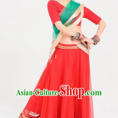 Asian India Princess Traditional Oriental Bollywood Costumes South Asia Indian Belly Dance Red Veil Sari Dress for Women