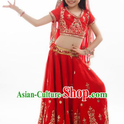 Asian India Princess Traditional Oriental Bollywood Costumes South Asia Indian Belly Dance Red Sari Dress for Kids