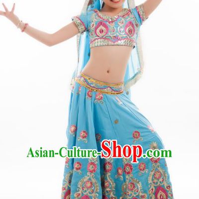 Asian India Princess Traditional Oriental Bollywood Costumes South Asia Indian Belly Dance Blue Sari Dress for Kids