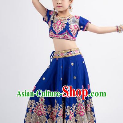 Asian India Princess Traditional Oriental Bollywood Costumes South Asia Indian Belly Dance Royalblue Sari Dress for Kids