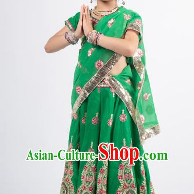 Asian India Princess Traditional Oriental Bollywood Costumes South Asia Indian Belly Dance Green Sari Dress for Kids