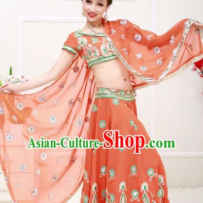 Asian India Princess Traditional Oriental Bollywood Orange Costumes South Asia Indian Belly Dance Sari Dress for Women
