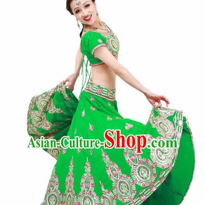 Asian India Princess Traditional Oriental Bollywood Green Costumes South Asia Indian Belly Dance Sari Dress for Women