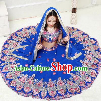 Asian India Princess Traditional Oriental Bollywood Royalblue Costumes South Asia Indian Belly Dance Sari Dress for Women